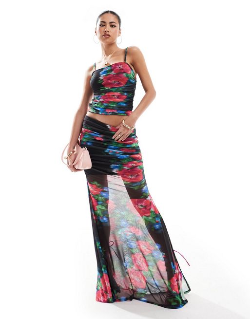 FhyzicsShops DESIGN co-ord mesh ruched cami top and maxi skirt in floral print