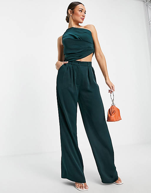 ASOS DESIGN  co-ord one shoulder satin top with tie side in forest
