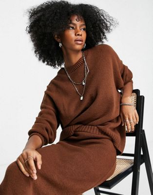 ASOS DESIGN co-ord oversized jumper in crew neck and knitted midi skirt in brown