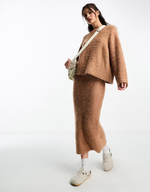 ASOS DESIGN co-ord oversized jumper & midi skirt in textured yarn in camel  | ASOS