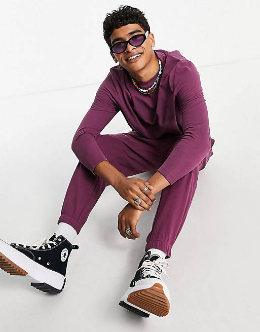 ASOS DESIGN co-ord oversized pique t-shirt and joggers in burgundy