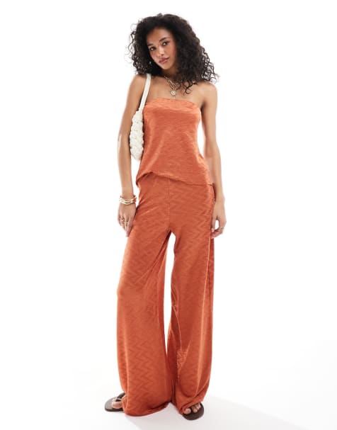 ASOS DESIGN co-ord plisse longline bandeau and wide leg in rust - view 1