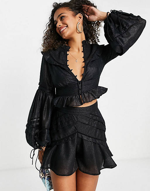 ASOS DESIGN co-ord plunge crop top and mini skirt with ruffle hem in black
