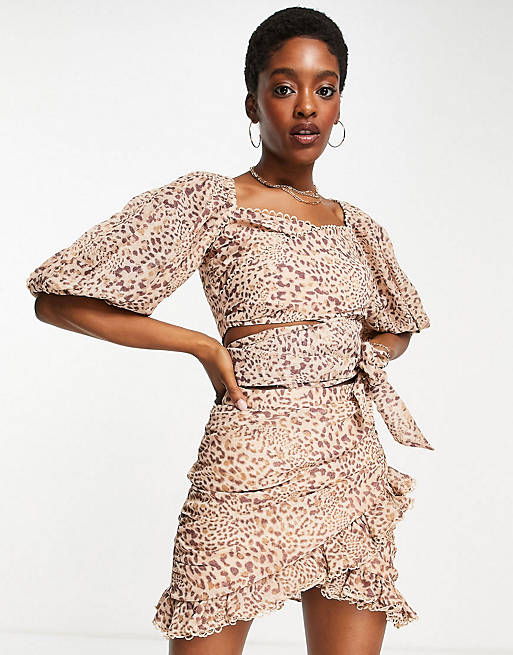 ASOS DESIGN co-ord puff sleeve wrap top and mini skirt in animal print