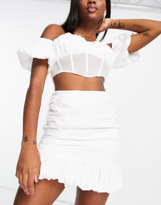 ASOS DESIGN Co-ord puff-sleeved bardot top and ruched mini skirt in white