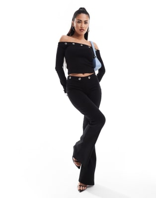ASOS DESIGN co-ord ribbed off shoulder top and flare trousers in black ...