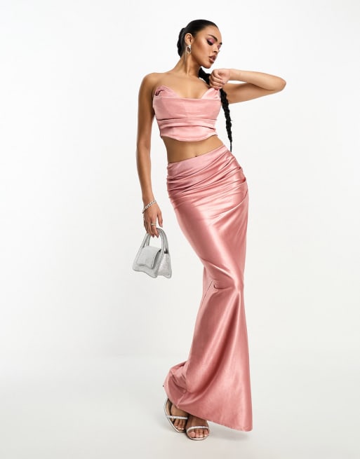 ASOS DESIGN co ord satin strapless corset top and maxi skirt in rose