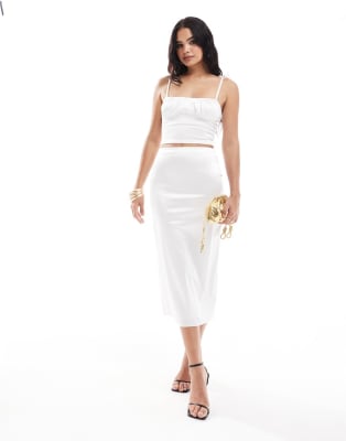 ASOS DESIGN co-ord satin twill ruched cami top and midi skirt in ivory ...