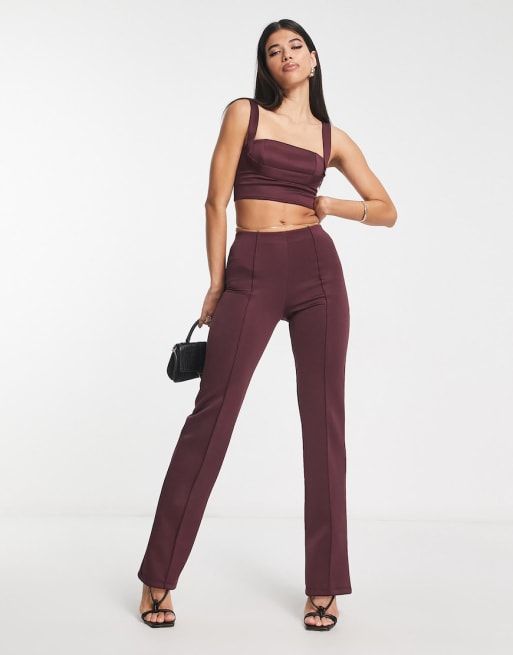 ASOS DESIGN co-ord scuba vest top and straight leg trouser in burgundy