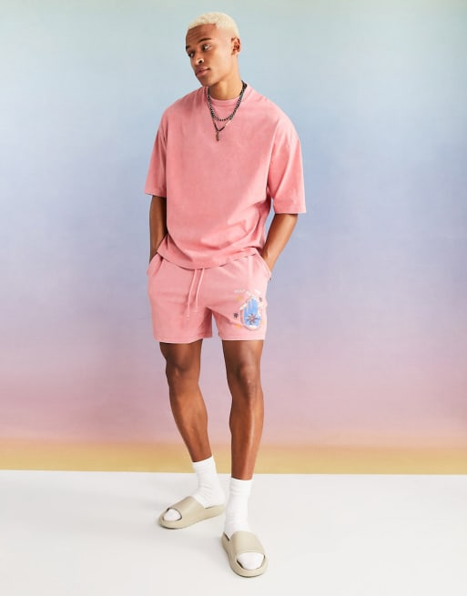 ASOS DESIGN - Co-ord set met handgemaakte print in verwassen roze