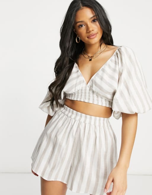 ASOS DESIGN - Co-ord set voor op het strand met volumineuze mouwen en neutrale strepenprint
