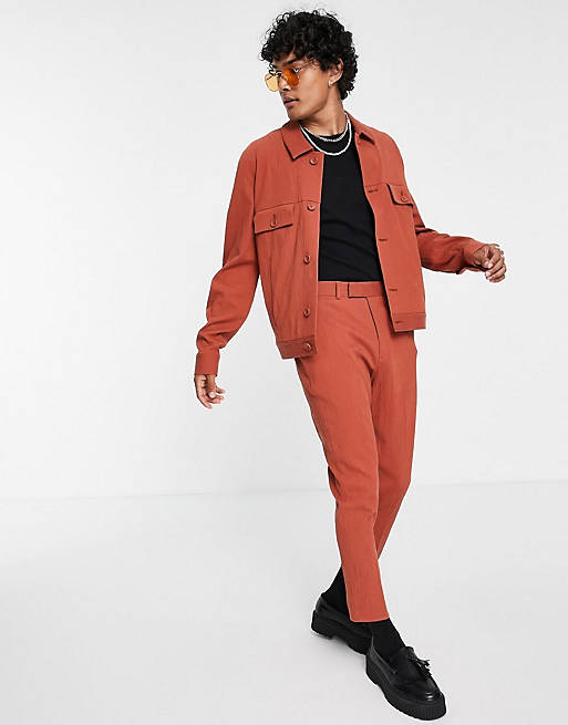 ASOS DESIGN co-ord skinny crinkle smart tapered trousers in rust