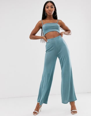 ASOS DESIGN co-ord square neck bralet and wide leg trouser in slinky | ASOS