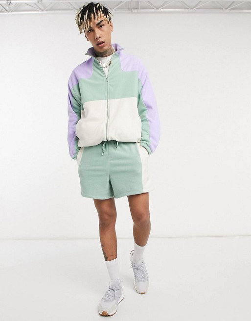 ASOS DESIGN co-ord oversized polar fleece track jacket in pastel colour block