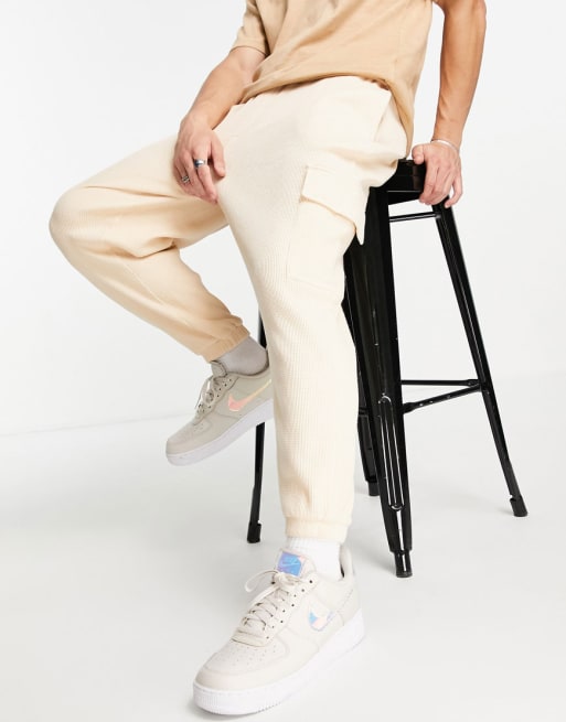 ASOS DESIGN co ord wide leg waffle t shirt and joggers in beige