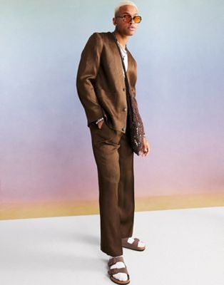 ASOS DESIGN wide suit trousers in brown irregular crinkle