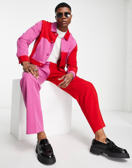 ASOS LUXE color block suit set in red & pink