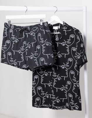 ASOS DESIGN - Combi-set met gezichtenprint in zwart en wit