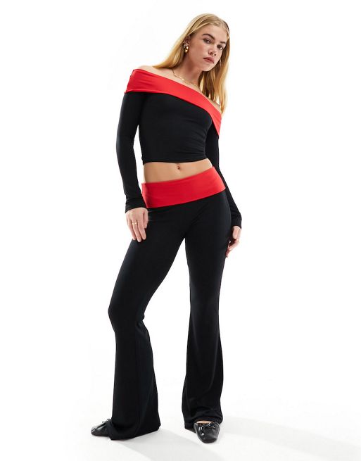 ASOS DESIGN contrast off the shoulder top and flared pants set in black and  red