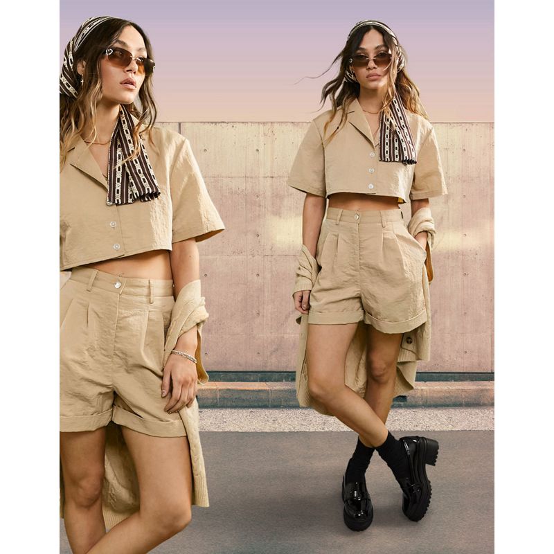 Donna 3qNh9 DESIGN - Coordinato con camicia corta e pantaloncini in tessuto testurizzato color cammello