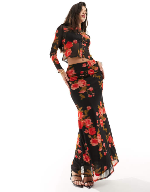ASOS DESIGN - Coordinato con cardigan con bottoni e gonna in rete con stampa a fiori