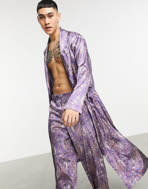  ASOS DESIGN - Coordinato con pantaloni e vestaglia da casa in raso con stampa cachemire