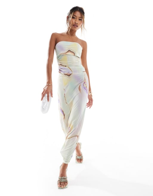 ASOS DESIGN - Coordinato con top a fascia e gonna in tessuto sinuoso con stampa marmorizzata