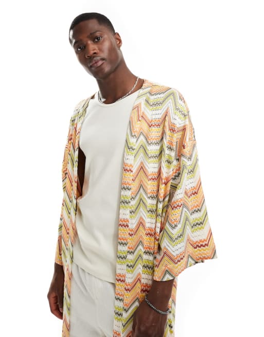 ASOS DESIGN - Coordinato in maglia all'uncinetto a righe color pesca e lime