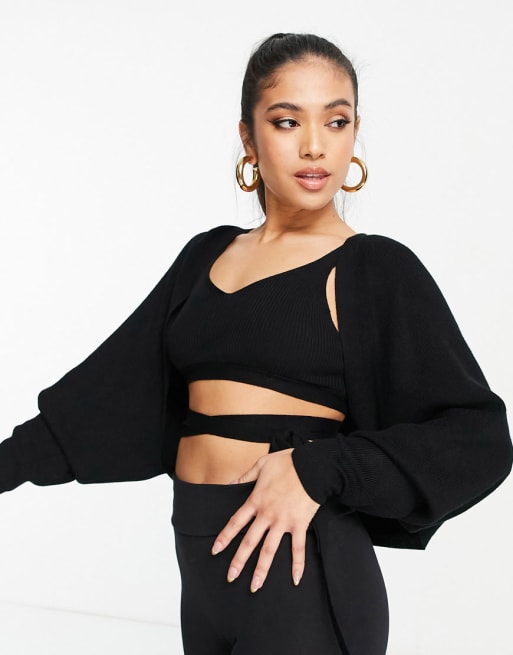 ASOS DESIGN - Coordinato in maglia nera con brassière allacciata in vita e coprispalle