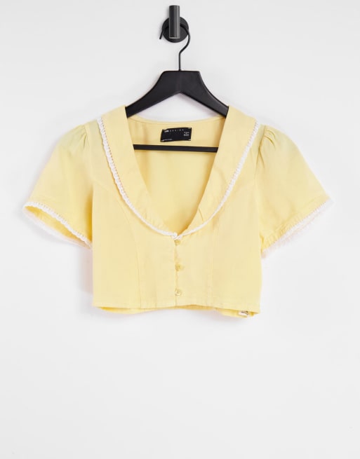 ASOS DESIGN - Coordinato in morbido denim con blusa con finiture in pizzo e gonna giallo