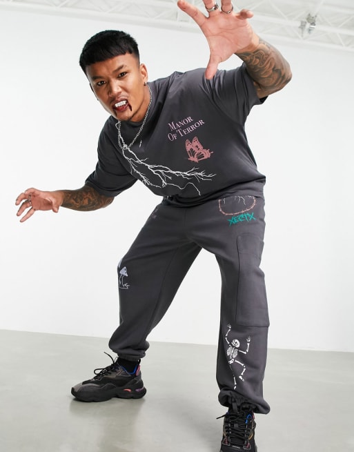 ASOS DESIGN - Coordinato per Halloween con stampa gotica, colore nero slavato