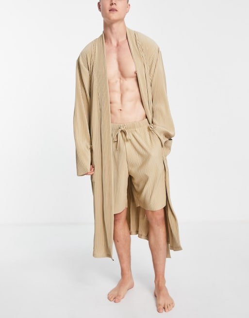 ASOS DESIGN - Coordinato plissé con vestaglia e pantaloncini marrone - BROWN