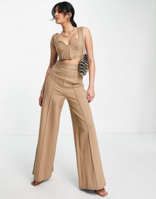ASOS DESIGN corset crop top and pants set in tan structured ponte