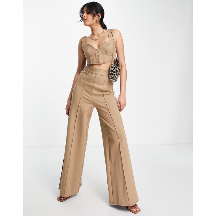 ASOS DESIGN corset crop top and pants set in tan structured ponte