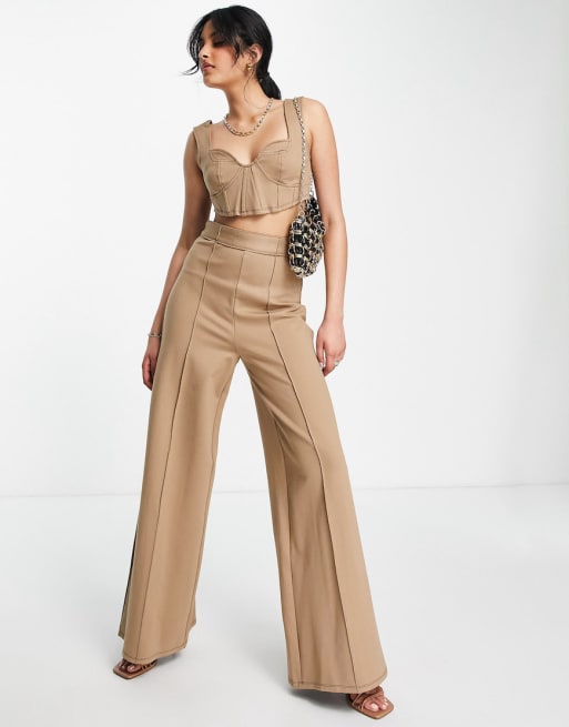 ASOS DESIGN corset crop top and pants set in tan structured ponte