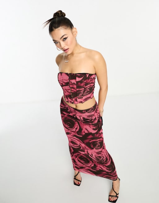 ASOS DESIGN corset top and low rise midi skirt set in rose print ASOS