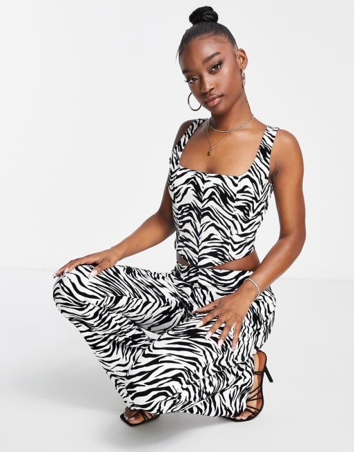 ASOS DESIGN corset top and low rise zebra flare pants set with black velvet