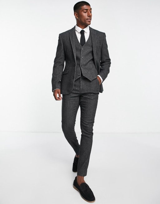 ASOS DESIGN - Costume ajusté en laine mélangée à chevrons - Anthracite