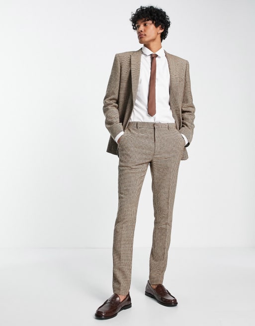 ASOS DESIGN - Costume ajusté en laine mélangée à motif pied-de-poule ton sur ton - Marron