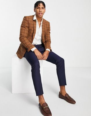 ASOS DESIGN country wedding skinny wool mix blazer in brown puppytooth check