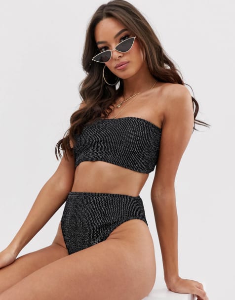 ASOS DESIGN crinkle bikini in black and silver metallic