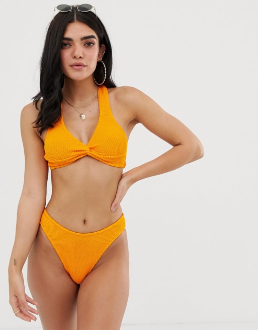 ASOS DESIGN Crinkle Bikini in Orange mit gedrehtem Knotendesign ASOS