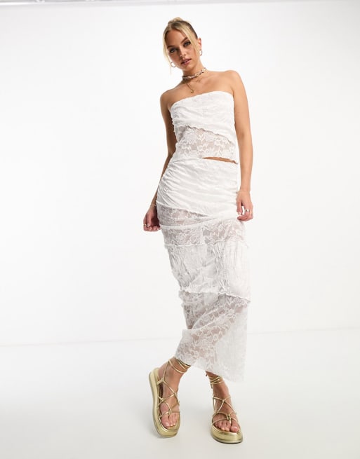 ASOS DESIGN crinkle mesh and lace set in ivory