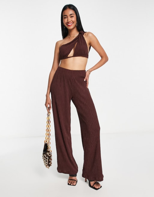 ASOS DESIGN crinkle one shoulder bralet and wide leg pants set in brown