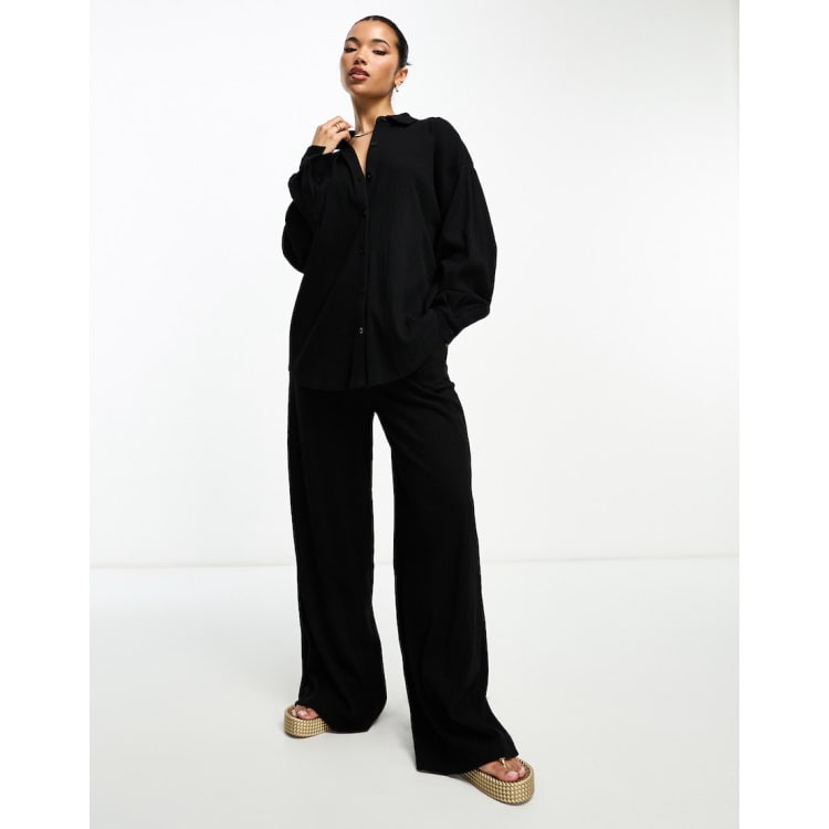 ASOS DESIGN crinkle oversized shirt and wide leg pants set in black