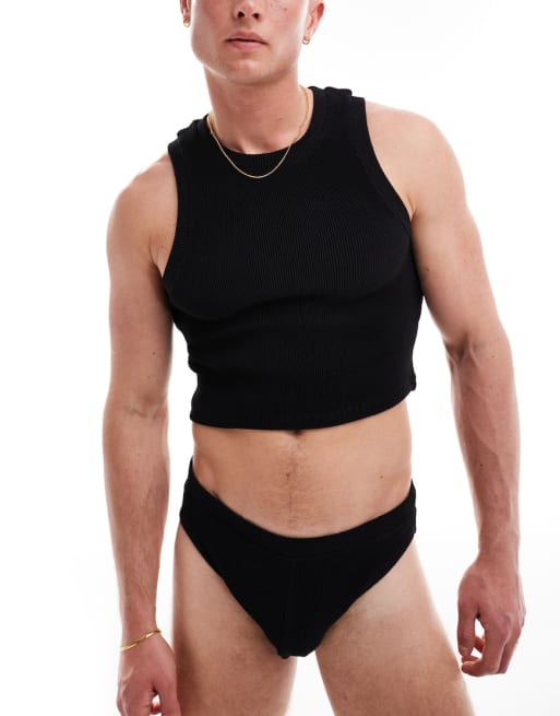 ASOS DESIGN crinkle swim tank top & brief set in black