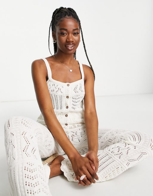 ASOS DESIGN crochet pants and top set with button placket in cream