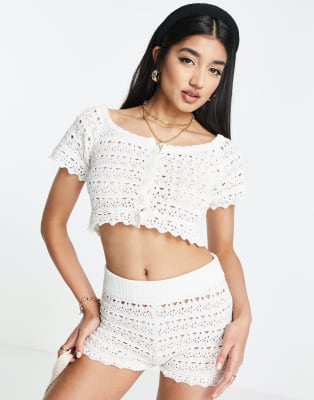 ASOS DESIGN crochet shorts and off shoulder top set in cream | ASOS