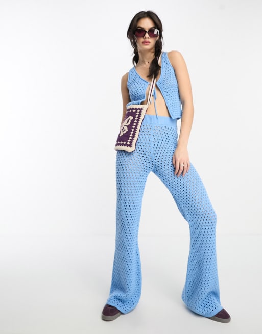 ASOS DESIGN crochet tie front top and flare pants set in blue