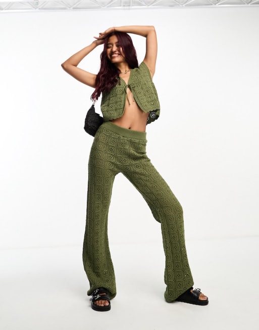ASOS DESIGN crochet tie front vest & pants set in khaki